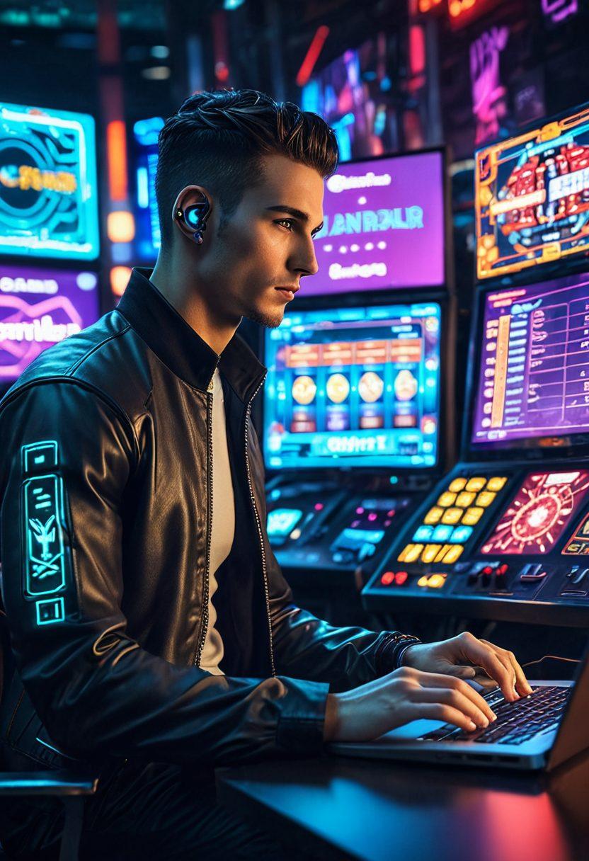 A dynamic scene featuring a confident gambler studying sports analytics on a laptop surrounded by vibrant odds charts and sports icons. Include elements like a football, basketball, and racing car in the background to represent various sports, with a glowing neon effect. The gambler, a diverse individual dressed casually, exudes focus and excitement. Add a lively casino atmosphere with subtle nods to online gambling technology. vibrant colors. cyberpunk style.