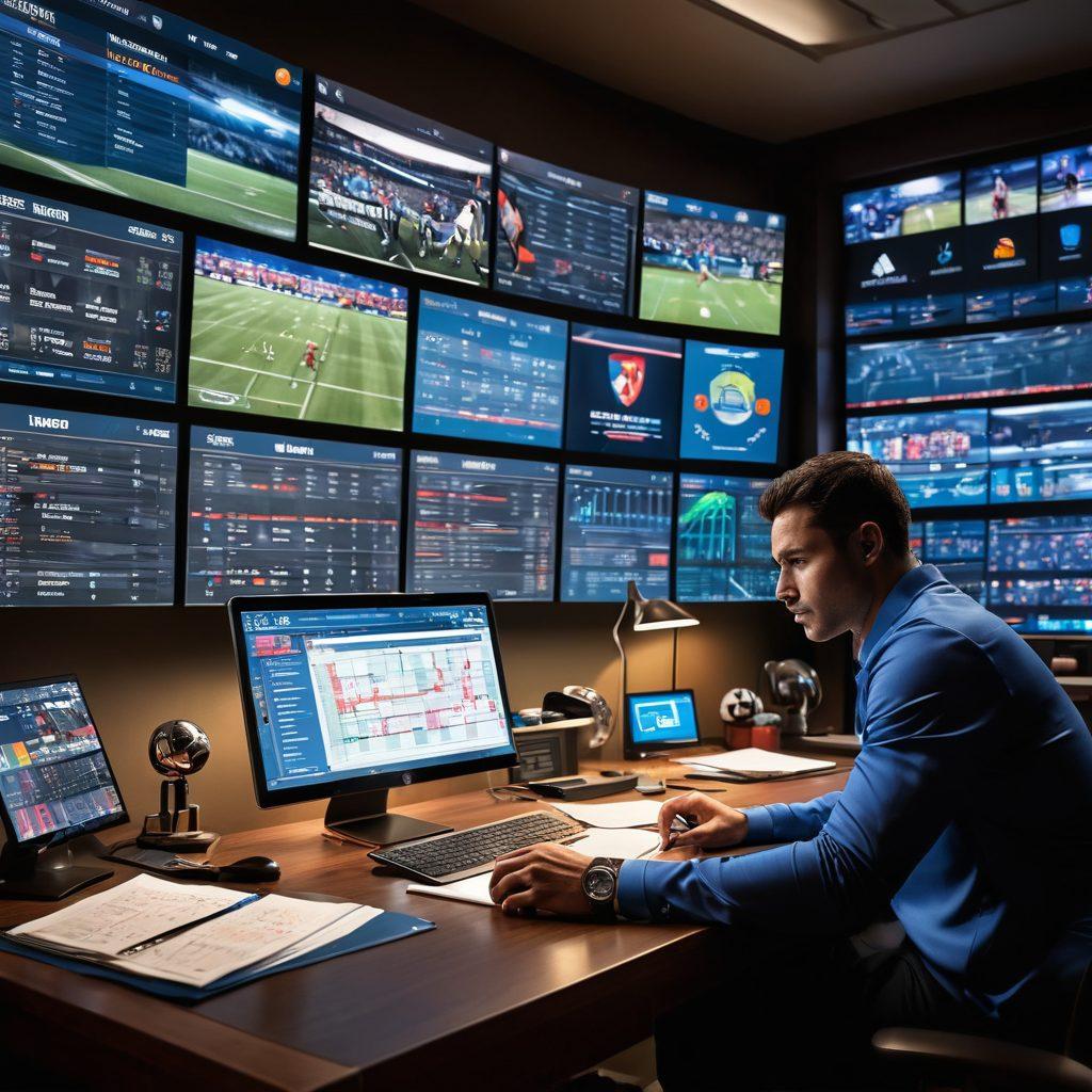 A dynamic scene depicting a sports analyst in a modern study, surrounded by multiple screens displaying real-time sports statistics, betting odds, and live game footage. The desk is cluttered with sports memorabilia and a laptop with graphs showing betting trends. Bright, engaging colors with an overlay of sports icons and graphs to convey a sense of action and strategy. super-realistic. vibrant colors. modern aesthetic.