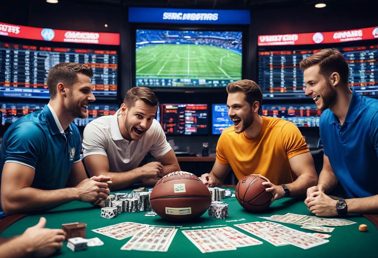 An intense sports betting scene featuring a dynamic group of expert analysts surrounded by screens displaying live sports odds, statistics, and betting strategies. The atmosphere is charged, with charts illustrating winning strategies in the background and symbols of various sports like football and basketball. Highlight a diverse group of people engaged in discussion, with passionate expressions. Include elements like money, betting slips, and trophies to symbolize success. super-realistic. vibrant colors.
